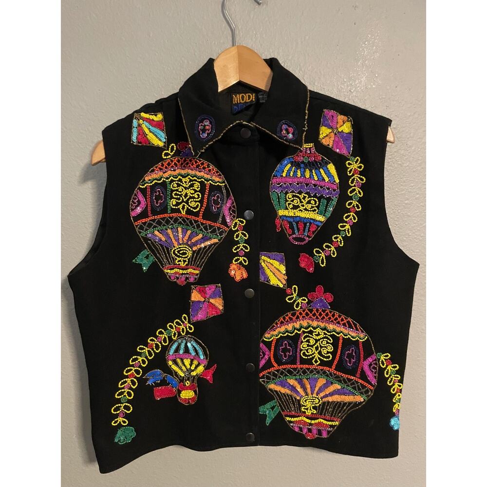 Vintage MODI DENIM Vest Womens Medium Black Hot Air Balloon Sequin Art 90s READ